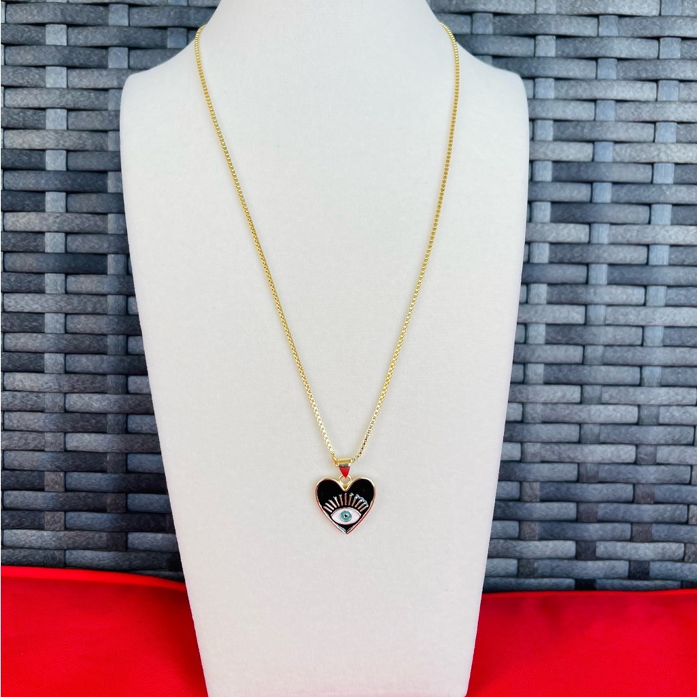 Gold Heart Evil Eye Pendant Necklace - Black Enamel